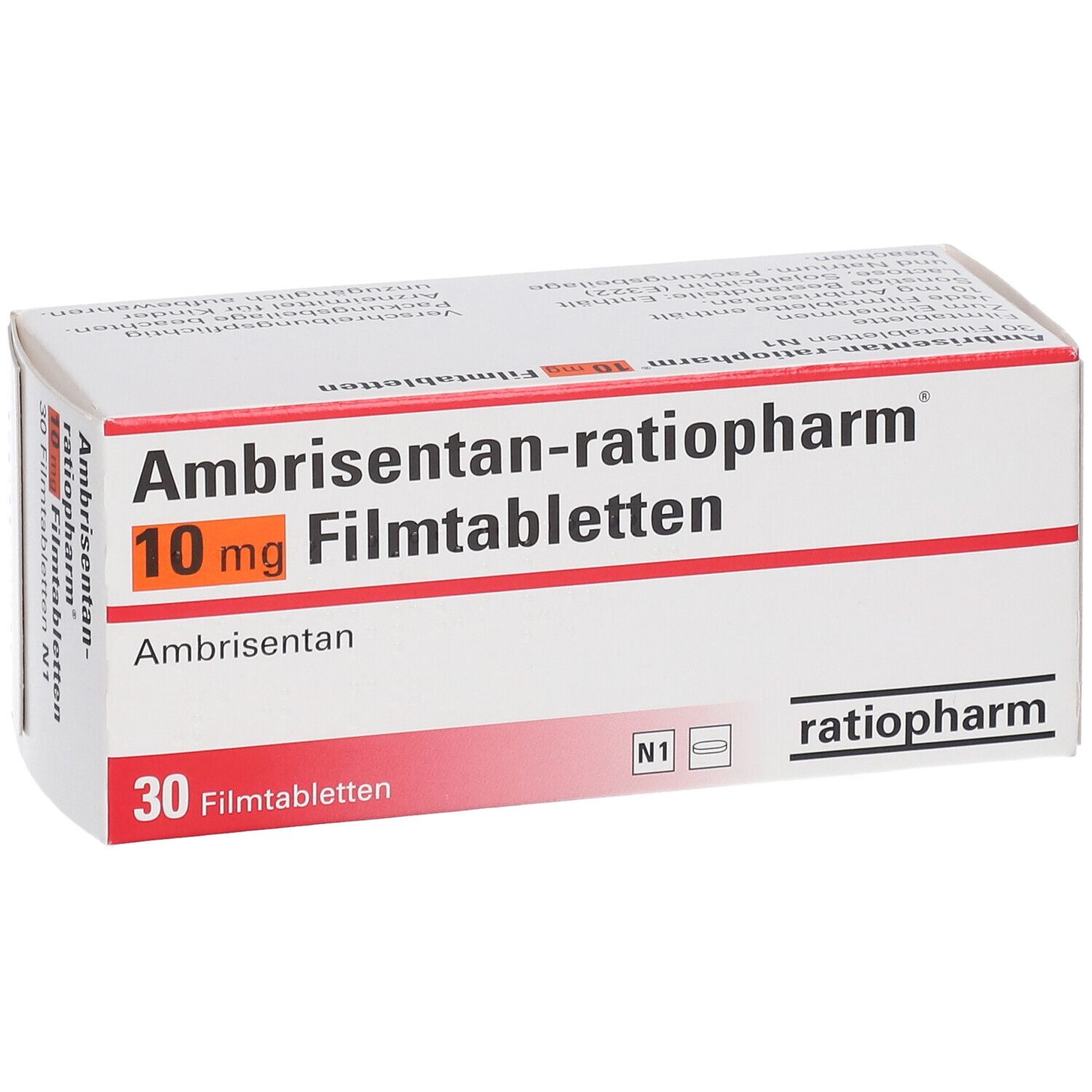 Schachtel mit Ambrisentan-ratiopharm® 10 mg Filmtabletten. Aufschrift: 30 Filmtabletten. Perspektivische Ansicht.