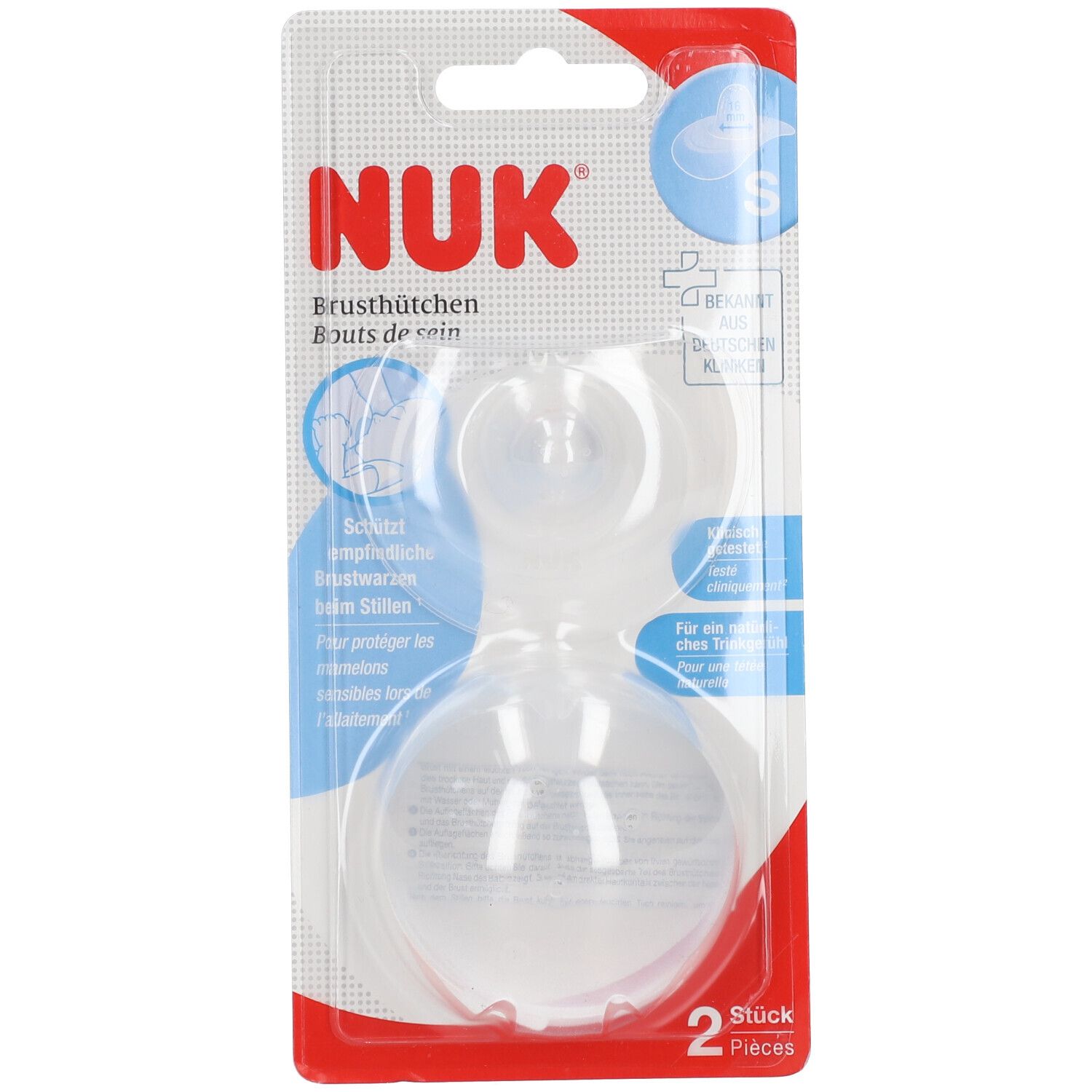 Verpackung mit zwei Brusthütchen. NUK-Logo und Produktname. Größe S. Transparente Brusthütchen in Blisterverpackung.