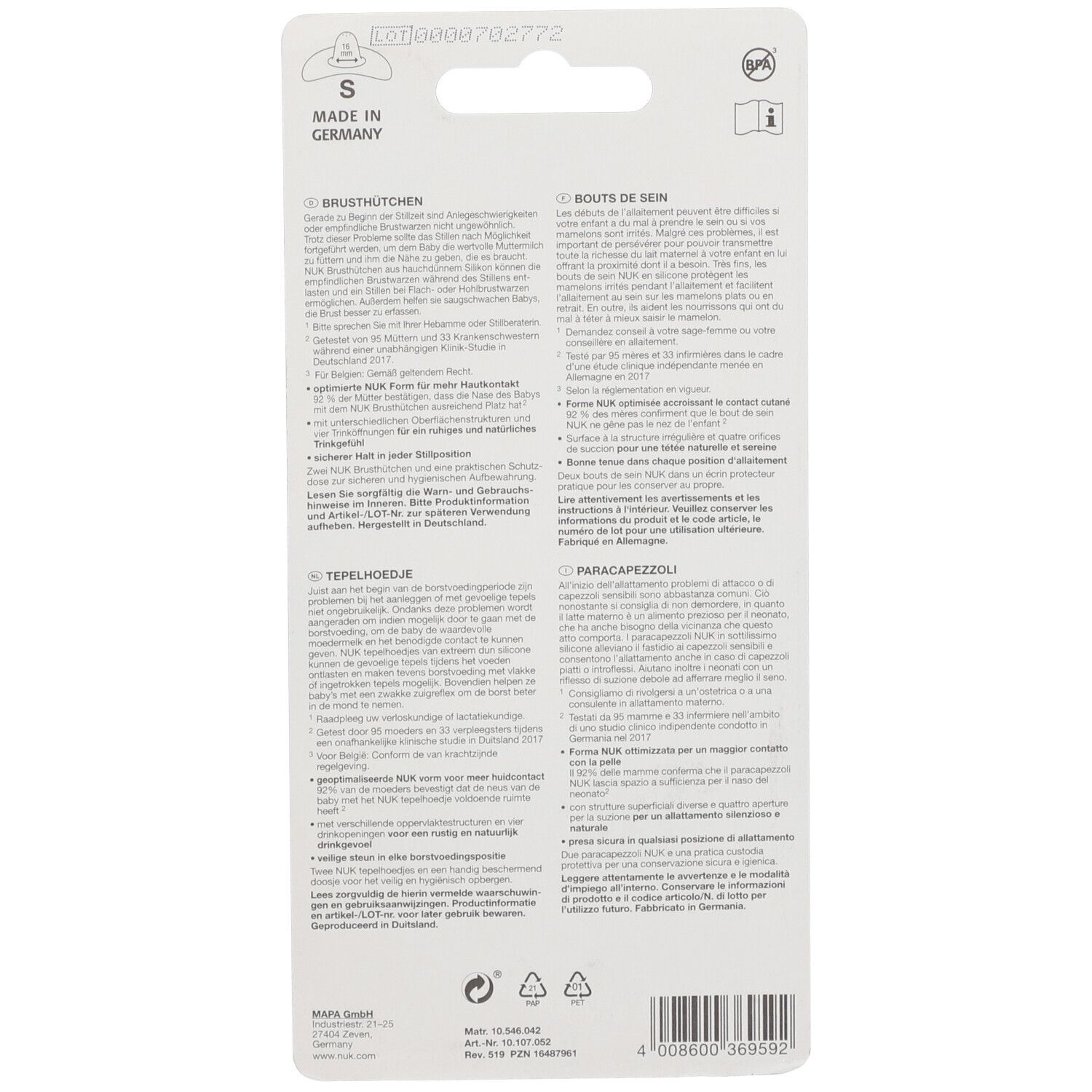 Rückseite der Verpackung mit Produktinformationen. Text in Deutsch und Französisch. Größe S. Hergestellt in Deutschland.