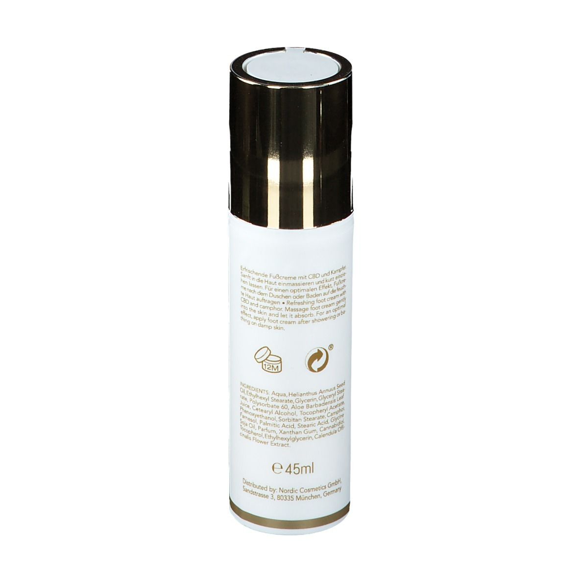 Tube blanc avec bouchon doré. Texte, ingrédients et 45ml au dos. Anneau doré à la base.