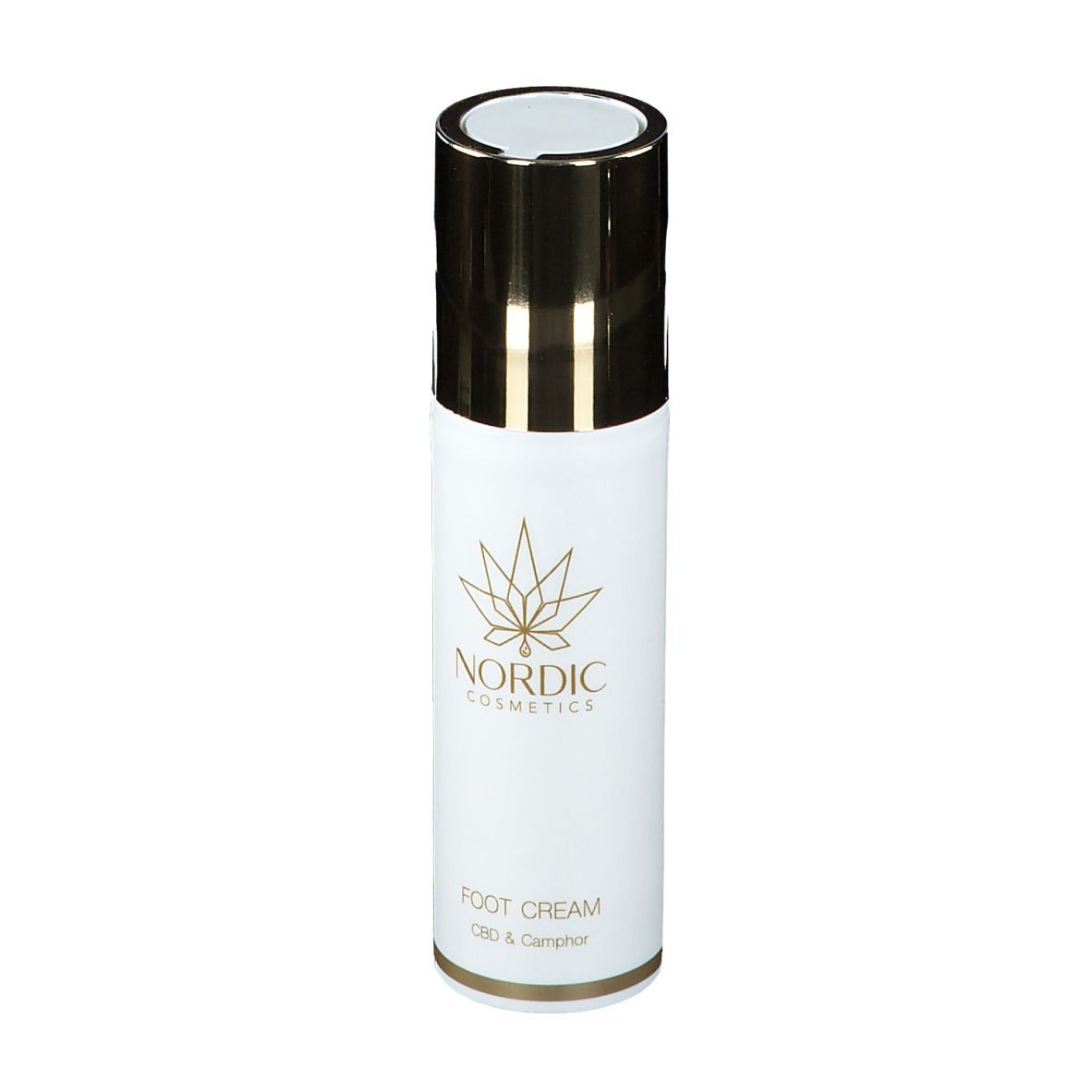 Tube blanc avec bouchon doré. Logo et texte 'Nordic Cosmetics' et 'Foot Cream CBD & Camphor'.