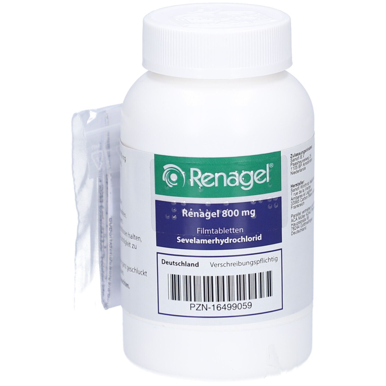 Weiße Flasche mit grün-blauem Etikett. Aufschrift: Renagel 800 mg, Sevelamerhydrochlorid. Beipackzettel angebracht.