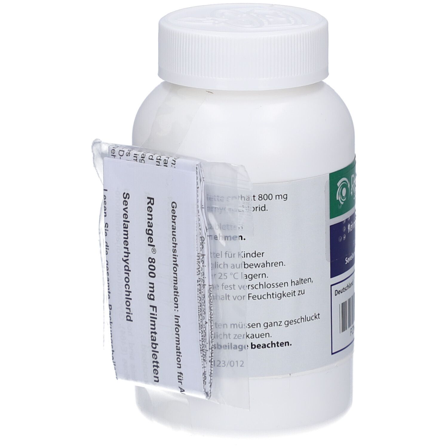Weiße Flasche mit grün-blauem Etikett. Aufschrift: Renagel 800 mg, Sevelamerhydrochlorid. Beipackzettel angebracht.