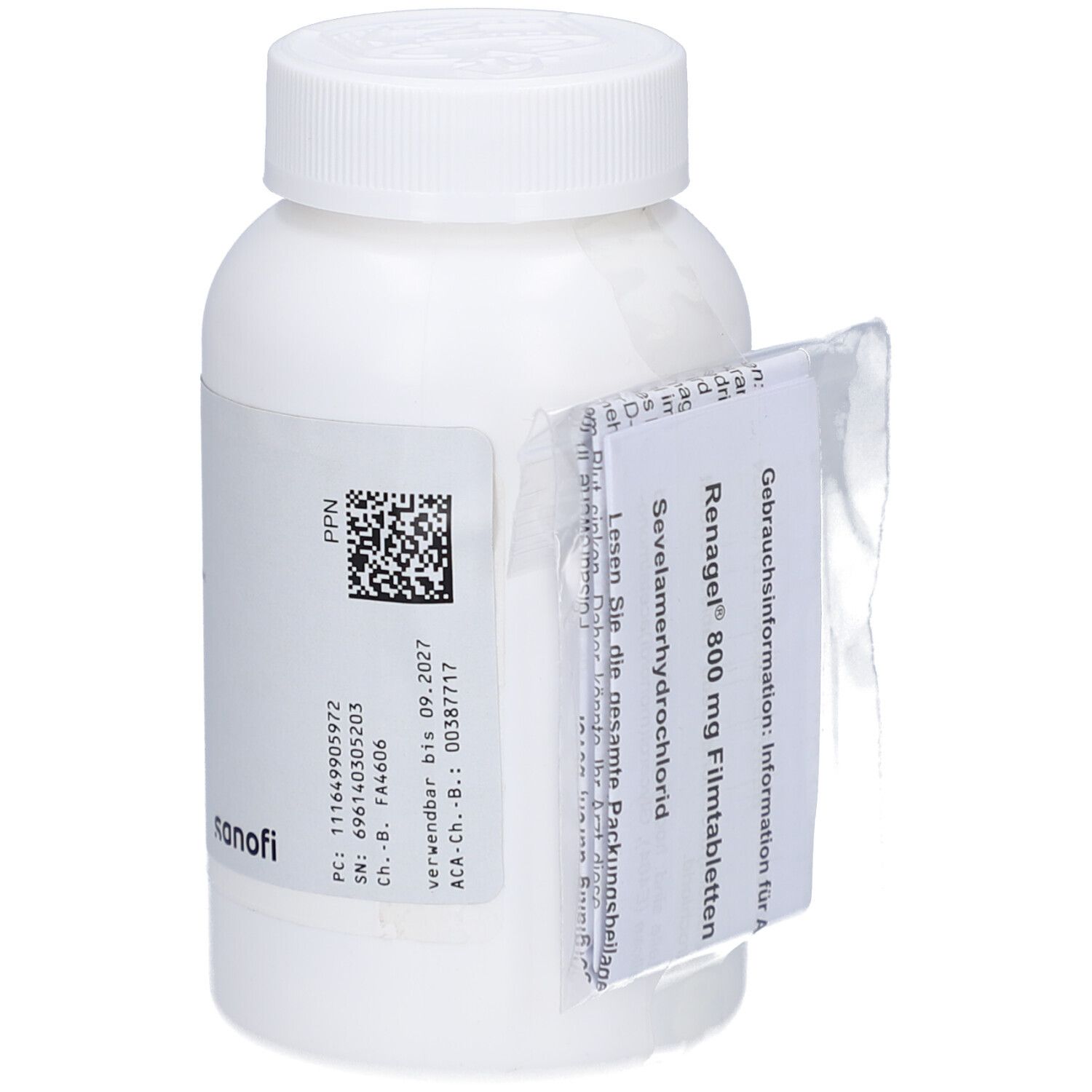 Weiße Flasche mit grün-blauem Etikett. Aufschrift: Renagel 800 mg, Sevelamerhydrochlorid. Barcode und QR-Code.