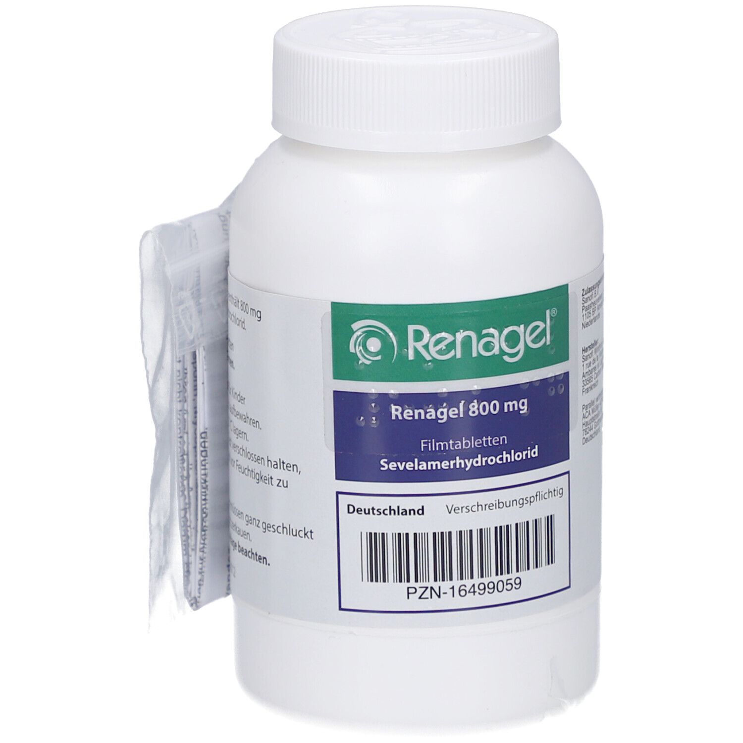 Weiße Flasche mit grün-blauem Etikett. Aufschrift: Renagel 800 mg, Sevelamerhydrochlorid. Beipackzettel angebracht.