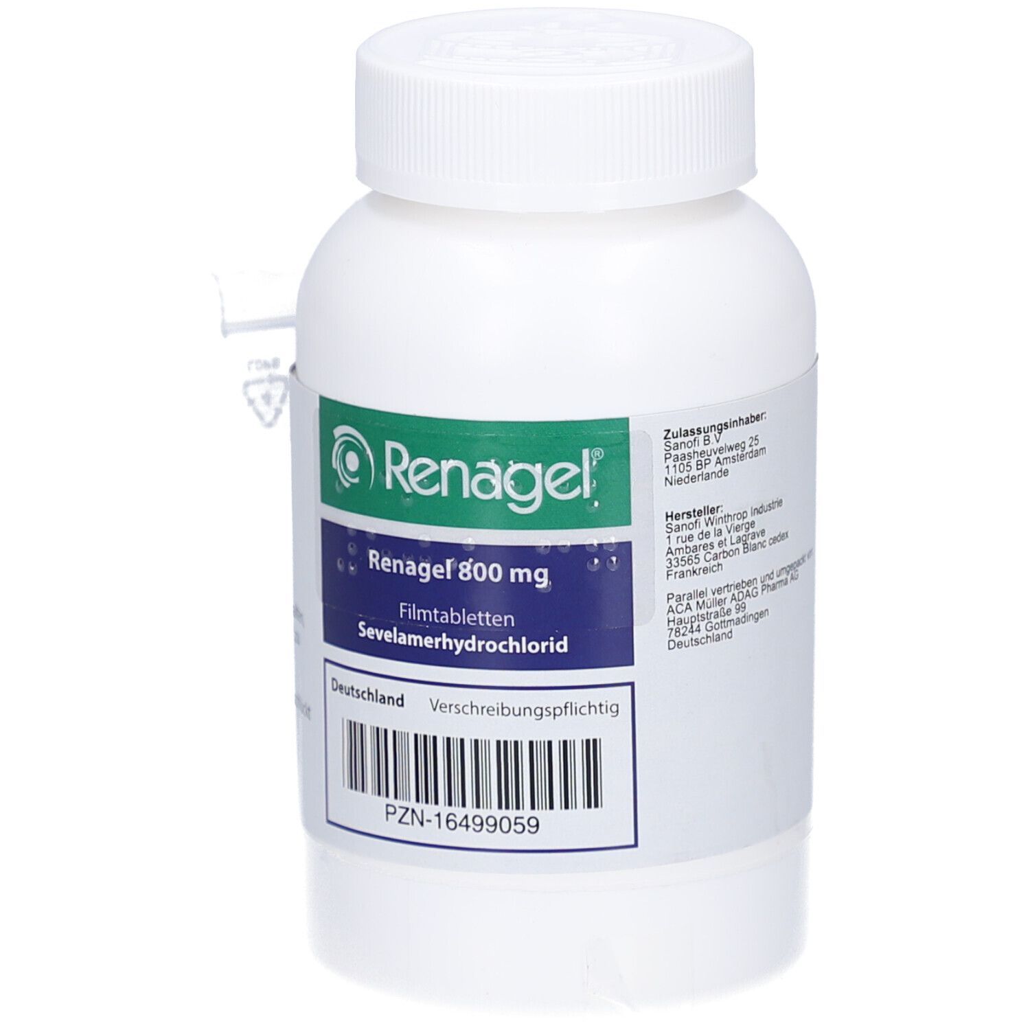 Weiße Flasche mit grün-blauem Etikett. Aufschrift: Renagel 800 mg, Sevelamerhydrochlorid. Beipackzettel angebracht.