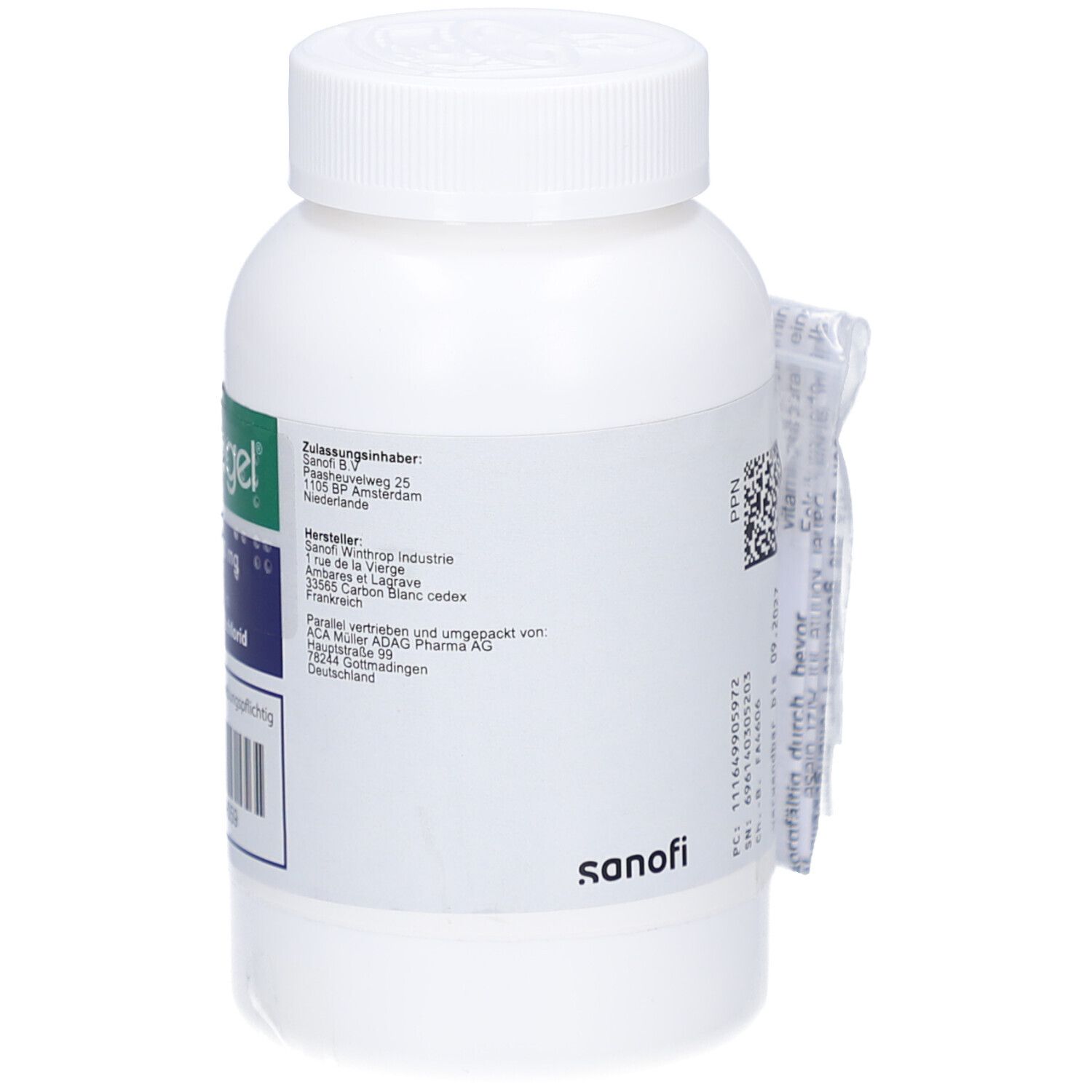 Weiße Flasche mit grün-blauem Etikett. Aufschrift: Renagel 800 mg, Sevelamerhydrochlorid. Beipackzettel angebracht.