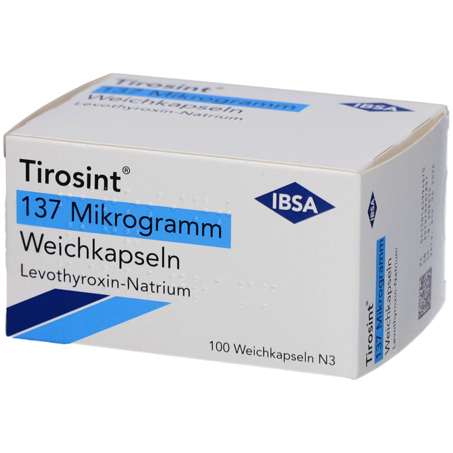 Weiße Schachtel mit blauer Schrift: Tirosint 137 Mikrogramm Weichkapseln. IBSA Logo. 100 Weichkapseln.
