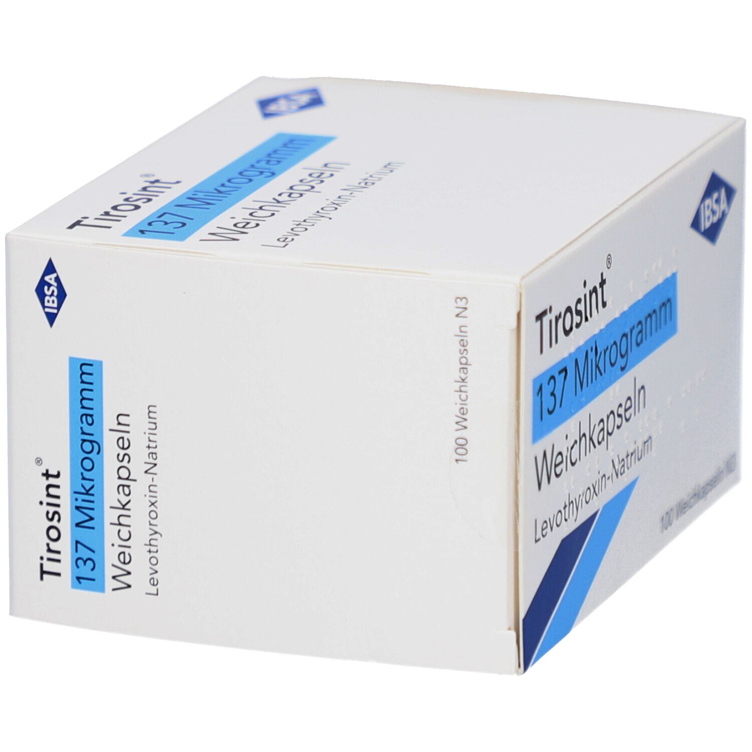 Weiße Schachtel, Tirosint 137 Mikrogramm Weichkapseln. IBSA Logo. Blaue Akzente. 100 Weichkapseln.
