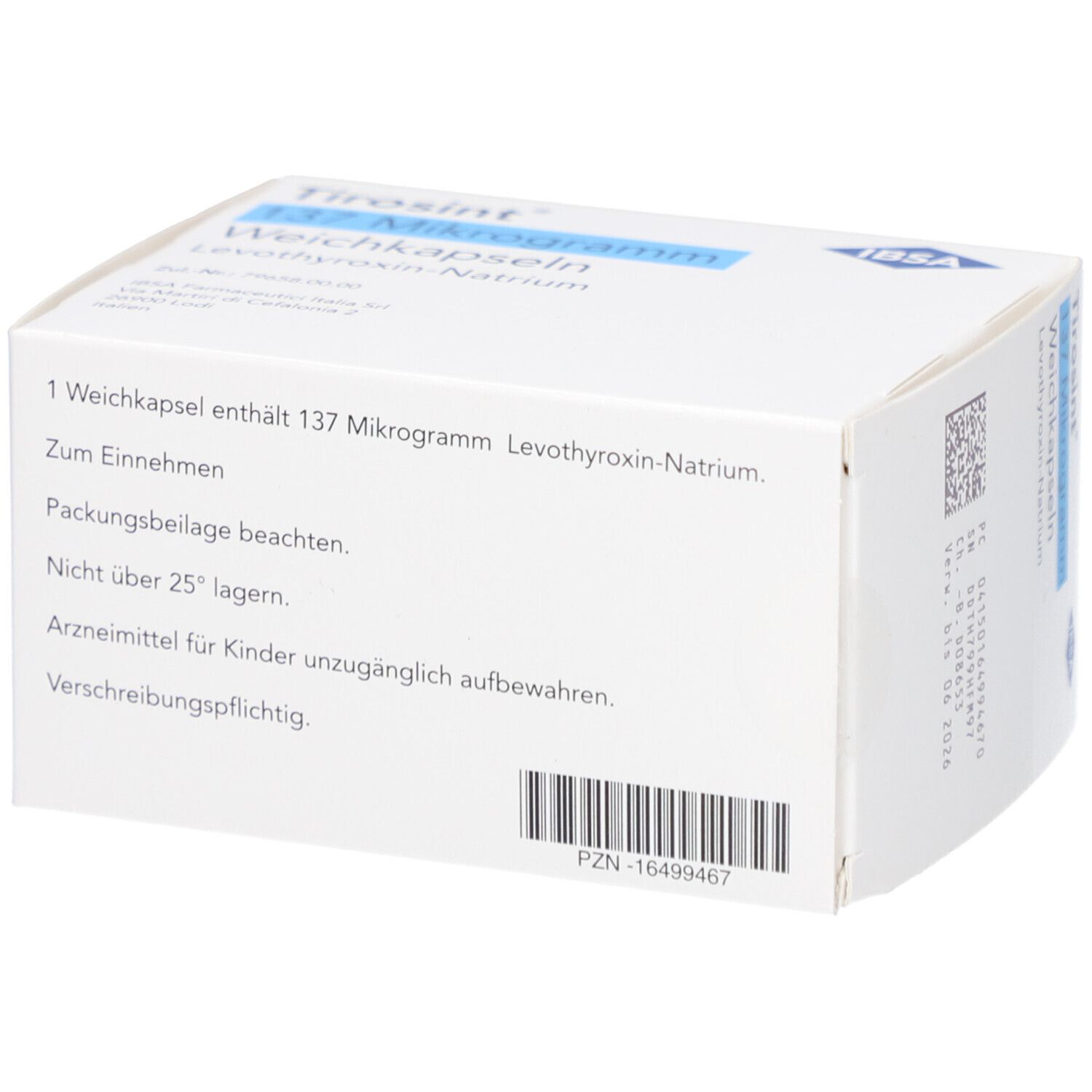 Rückseite der weißen Schachtel. Text: Tirosint 137 Mikrogramm. Informationen zur Einnahme und Lagerung. Barcode.