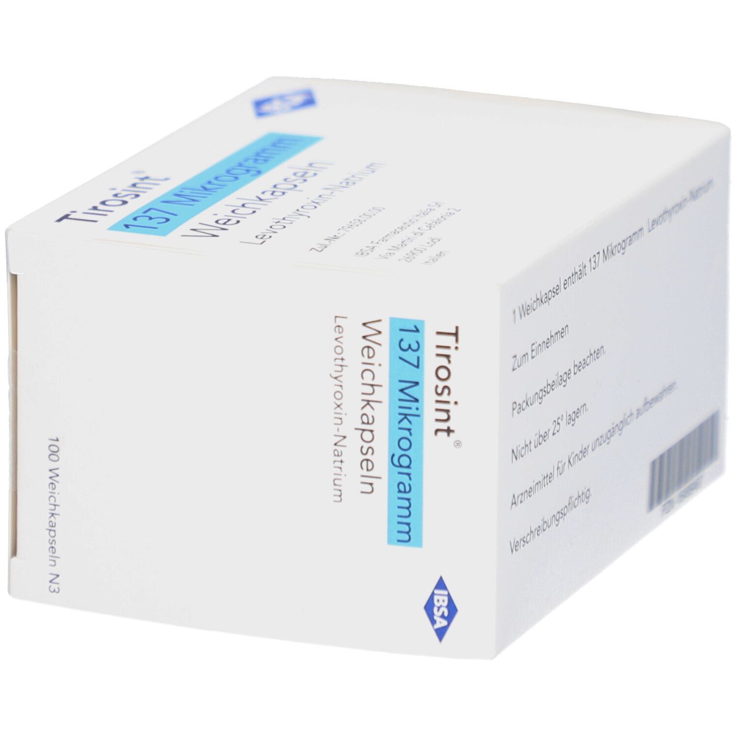 Weiße Schachtel, Tirosint 137 Mikrogramm Weichkapseln. IBSA Logo. 100 Weichkapseln. Blaue Akzente.