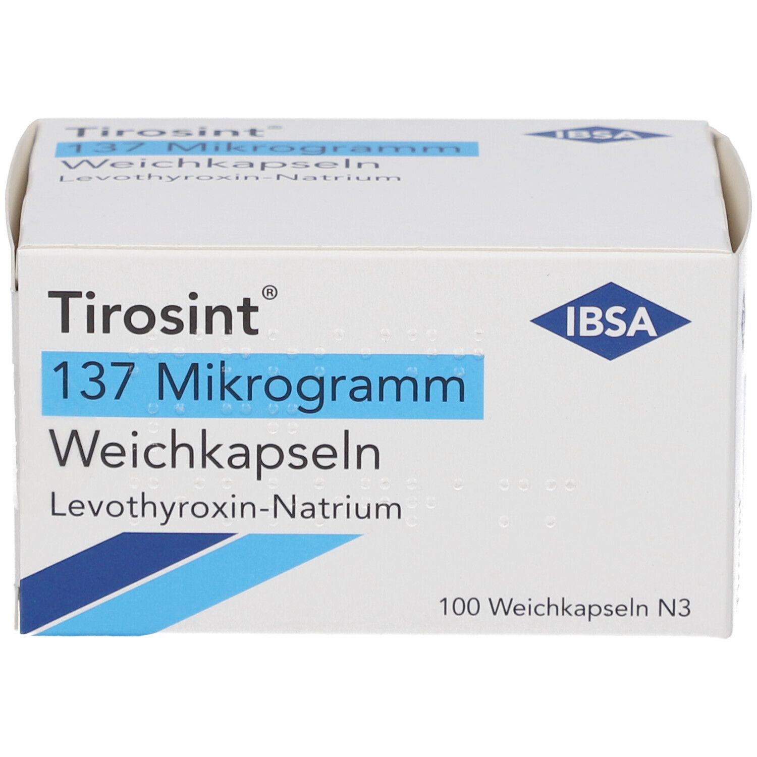 Weiße Schachtel mit blauer Schrift: Tirosint 137 Mikrogramm Weichkapseln. IBSA Logo. 100 Weichkapseln.