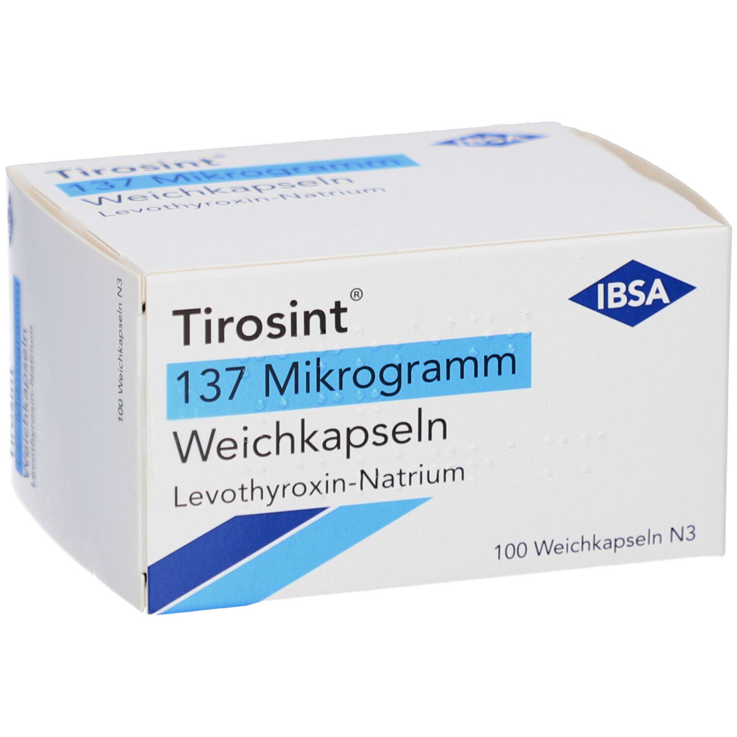 Weiße Schachtel mit blauer Schrift: Tirosint 137 Mikrogramm Weichkapseln. IBSA Logo. 100 Weichkapseln.