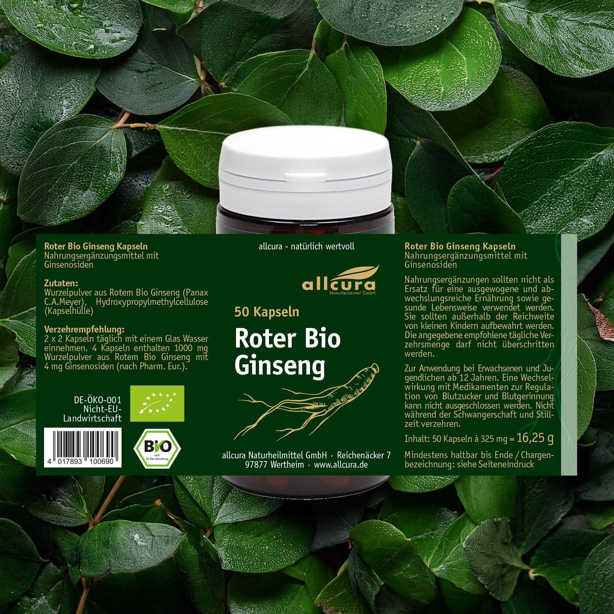Braune Kapsel-Dose mit weißem Deckel. Enthält 50 Kapseln Roter Bio Ginseng. Grüne Beschriftung mit Text.