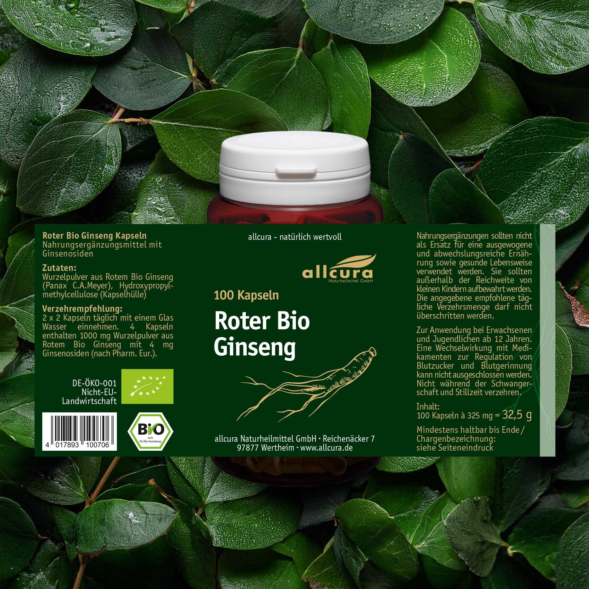 Braune Flasche mit weißem Deckel. Enthält 100 Kapseln Roter Bio Ginseng. allcura Logo. Blätter im Hintergrund.