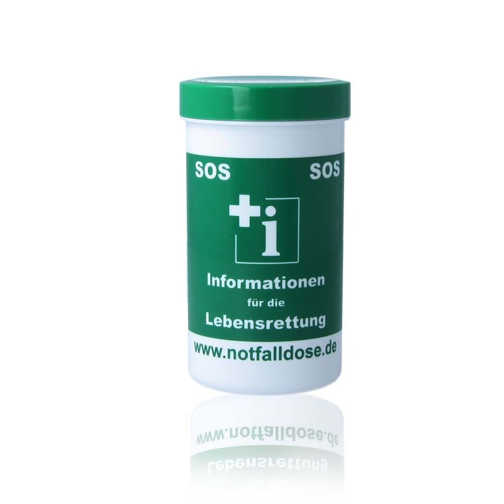 Zylindrische Dose, weiß mit grünem Deckel. Aufschrift: SOS, Kreuz-i-Symbol, Informationen für die Lebensrettung, www.notfalldose.de.