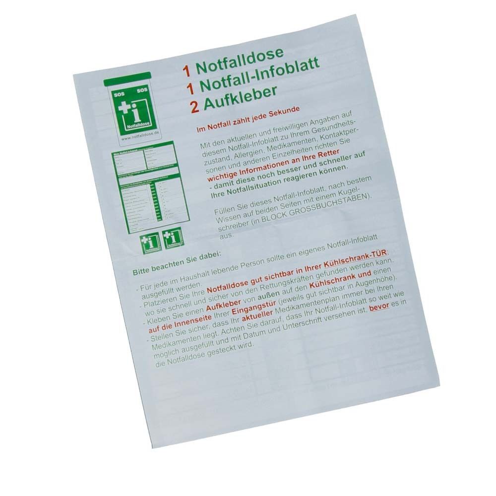 Blatt mit Text und Symbolen. Überschrift: 1 Notfalldose, 2 Aufkleber. Text in Deutsch.