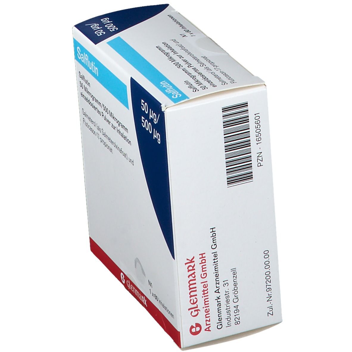 Schräg stehender Karton mit Produktinformationen. Aufschrift: Salflutin, 50 µg/500 µg. Marke: Glenmark.