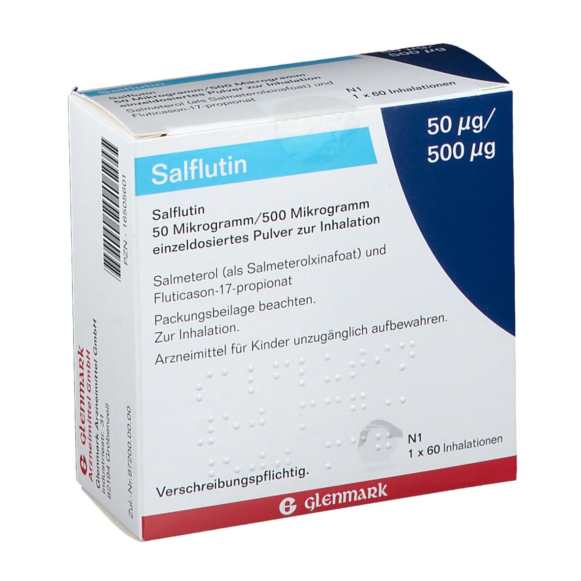 Karton mit Produktinformationen. Aufschrift: Salflutin, 50 µg/500 µg, 60 Inhalationen. Marke: Glenmark.