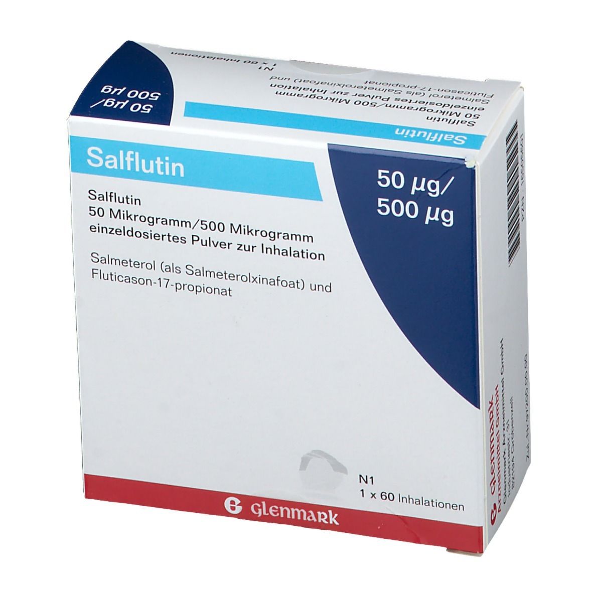 Karton mit Produktinformationen. Aufschrift: Salflutin, 50 µg/500 µg, 60 Inhalationen. Marke: Glenmark.