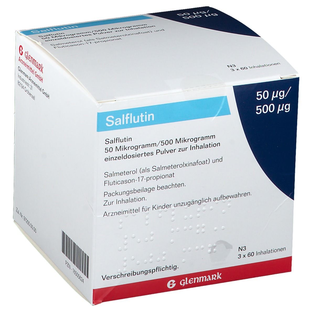 Karton von Salflutin. Aufschrift: 50 µg/500 µg. Enthält 3x60 Inhalationen. Marke Glenmark.