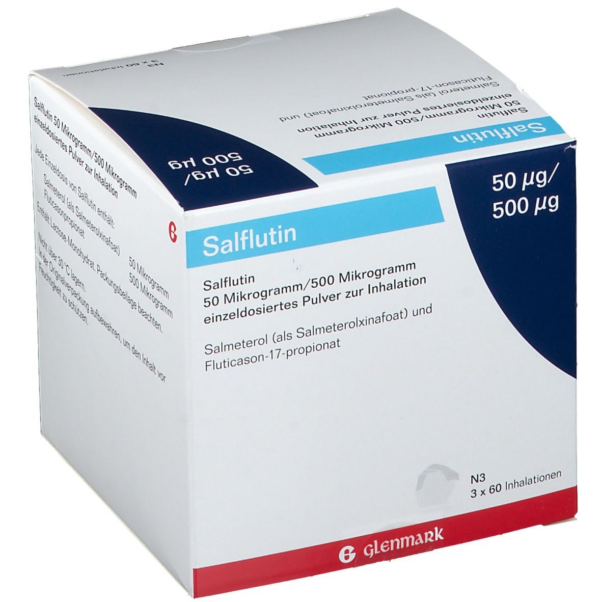 Karton von Salflutin. Aufschrift: 50 µg/500 µg. Enthält 3x60 Inhalationen. Marke Glenmark.