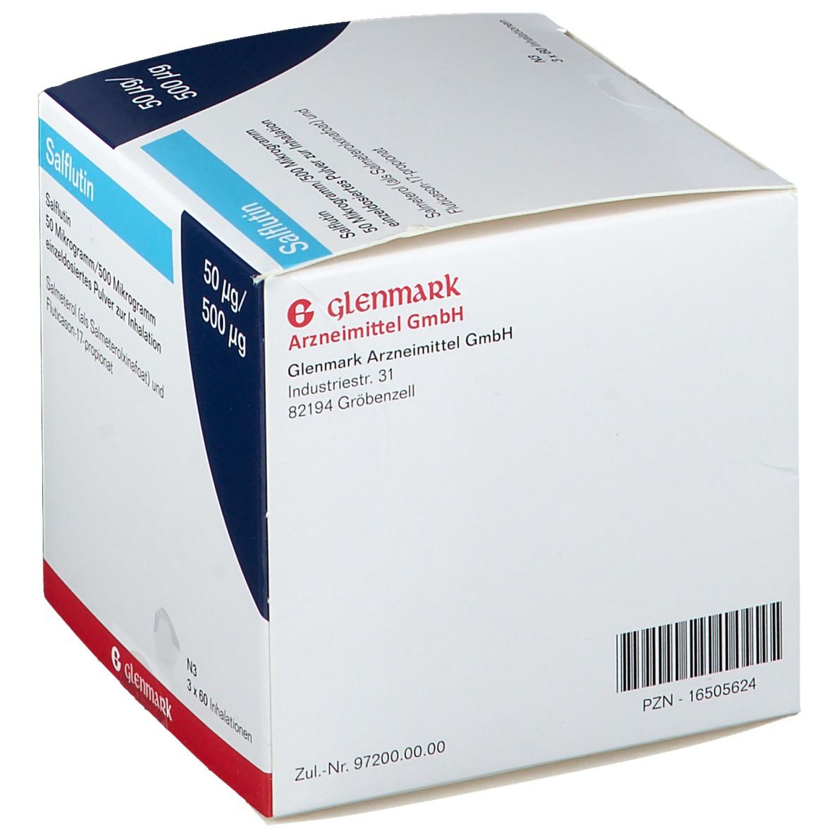Karton von Salflutin. Aufschrift: 50 µg/500 µg. Enthält 3x60 Inhalationen. Marke Glenmark.