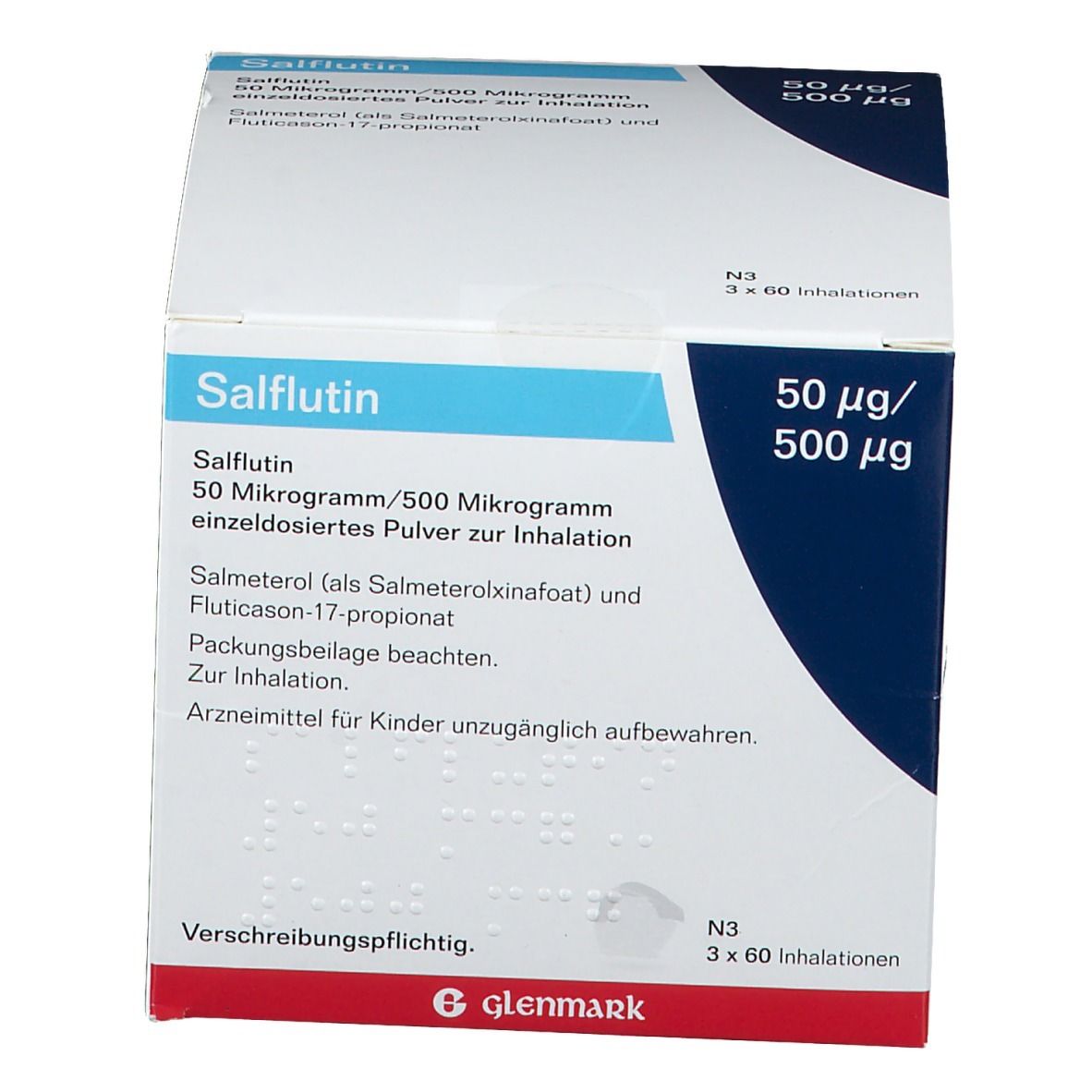 Karton von Salflutin. Aufschrift: 50 µg/500 µg. Enthält 3x60 Inhalationen. Marke Glenmark.