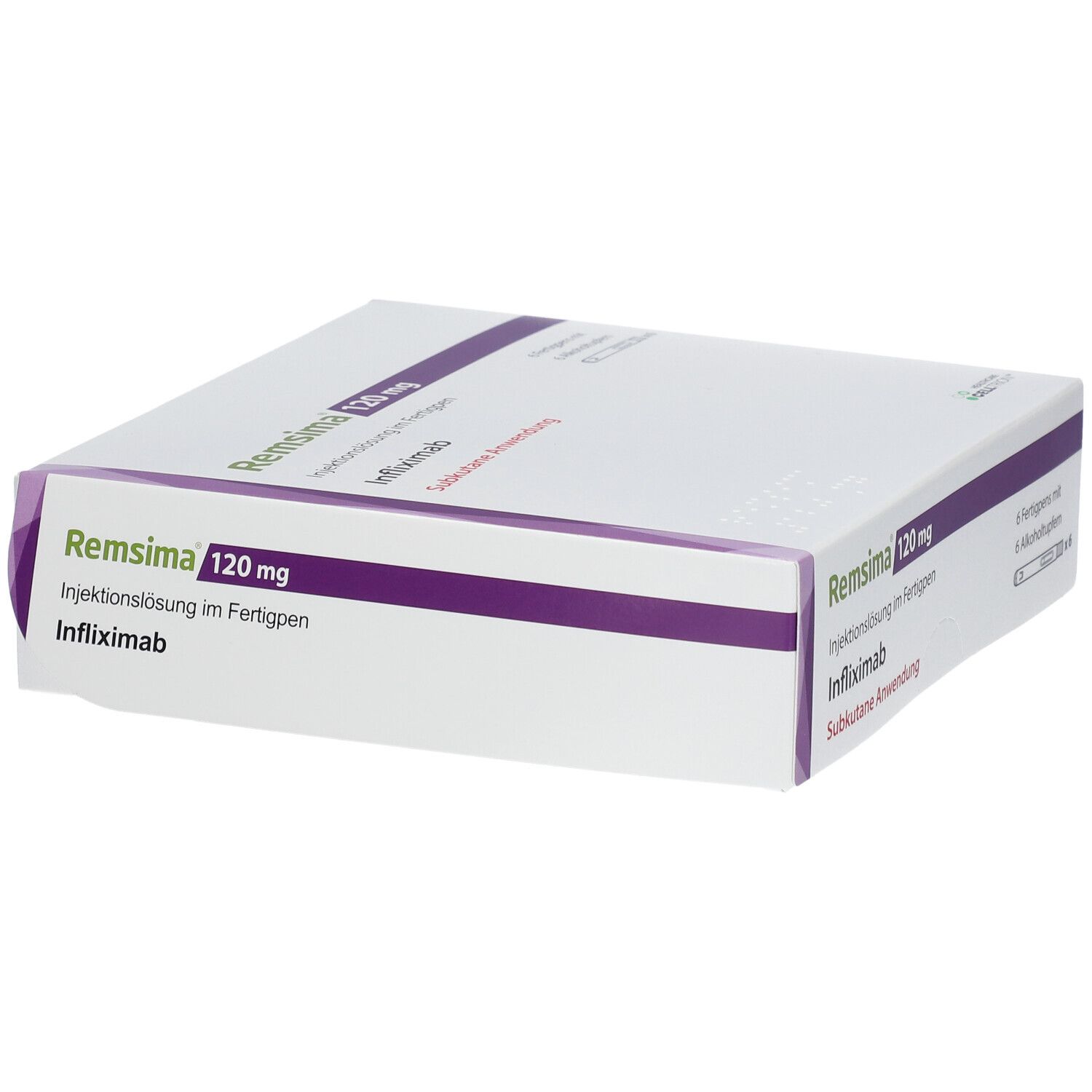 Remsima 120 mg Injektionslösung im Fertigpen, Infliximab. Packung mit 6 Fertigpens und 6 Alkoholtupfern.