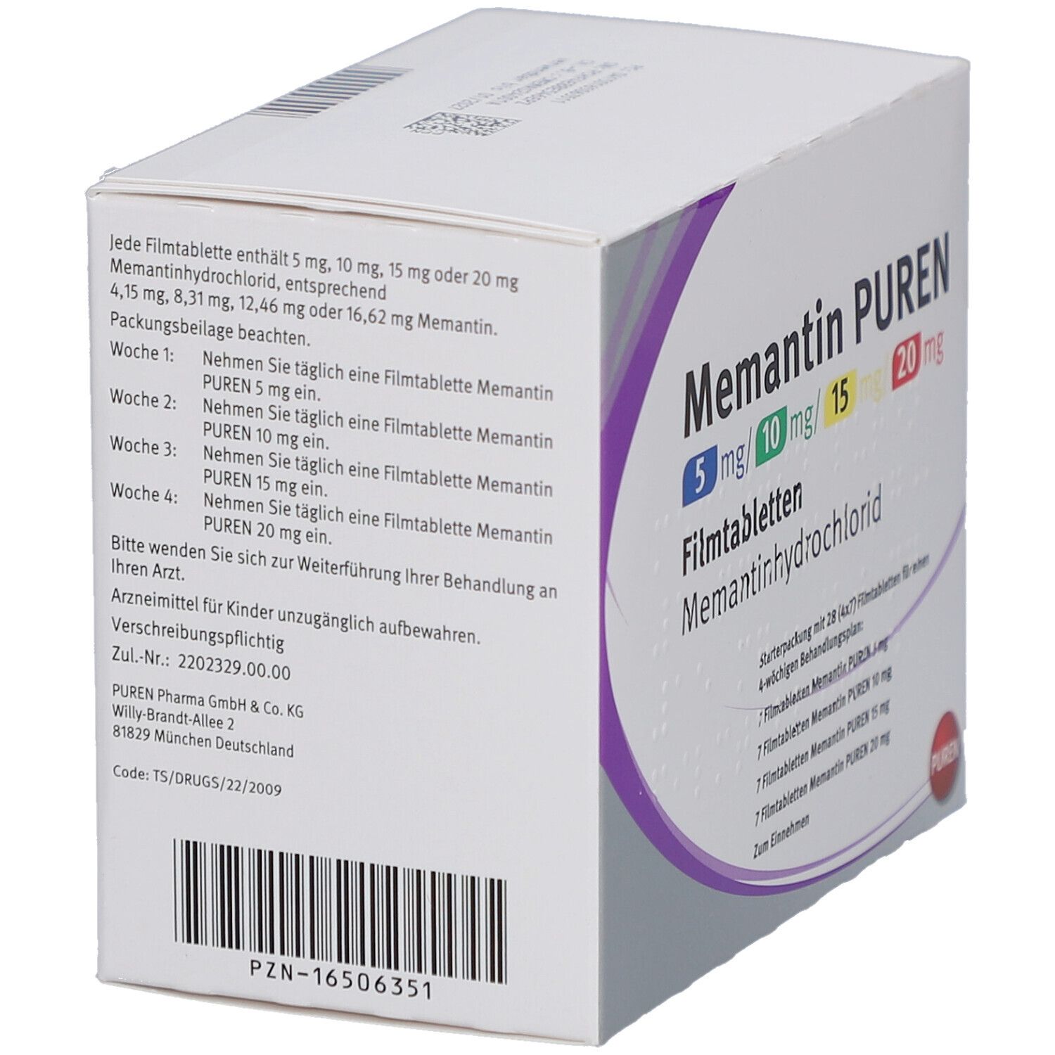 Rückseite der Memantin PUREN Verpackung. Enthält Informationen zu Dosierung und Inhaltsstoffen. Weiße Verpackung mit Text.