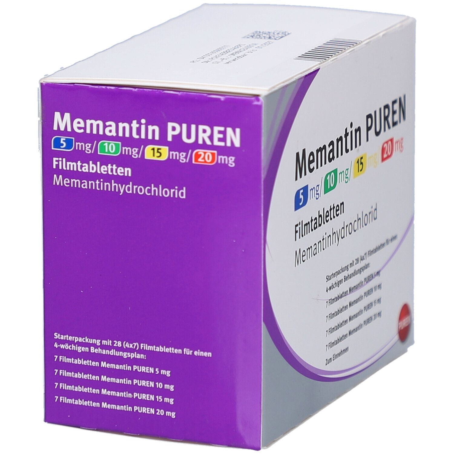 Memantin PUREN Verpackung. Enthält 5mg, 10mg, 15mg und 20mg Filmtabletten. Starterpackung mit 28 Tabletten. Lila und weiße Farbgebung.