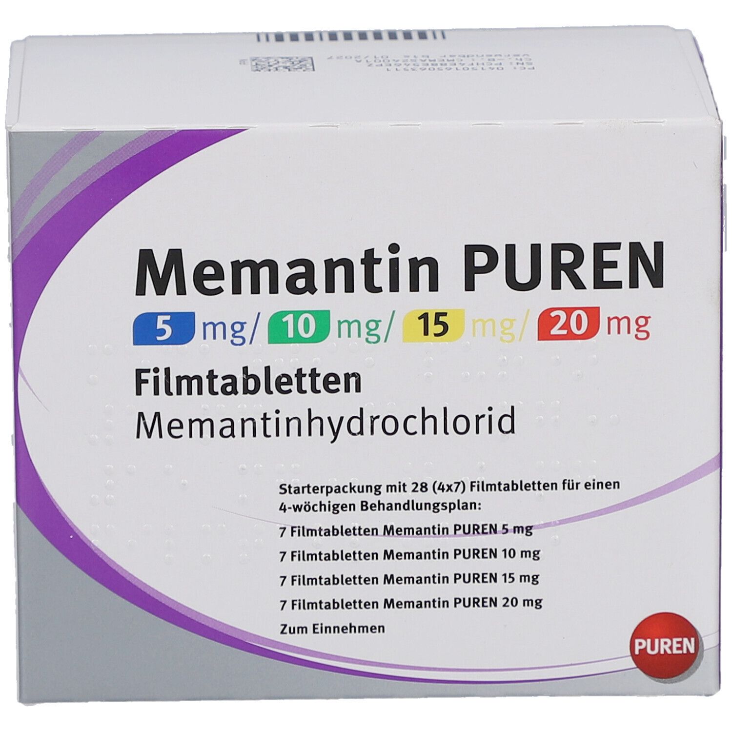 Memantin PUREN Verpackung. Enthält 5mg, 10mg, 15mg und 20mg Filmtabletten. Starterpackung mit 28 Tabletten. Lila und weiße Farbgebung.