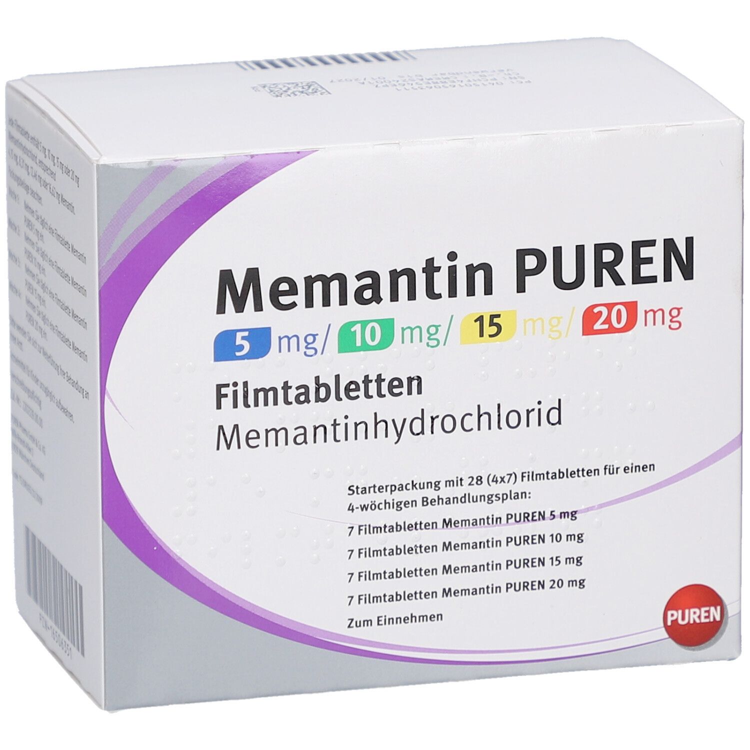 Memantin PUREN Verpackung. Enthält 5mg, 10mg, 15mg und 20mg Filmtabletten. Starterpackung mit 28 Tabletten. Lila und weiße Farbgebung.
