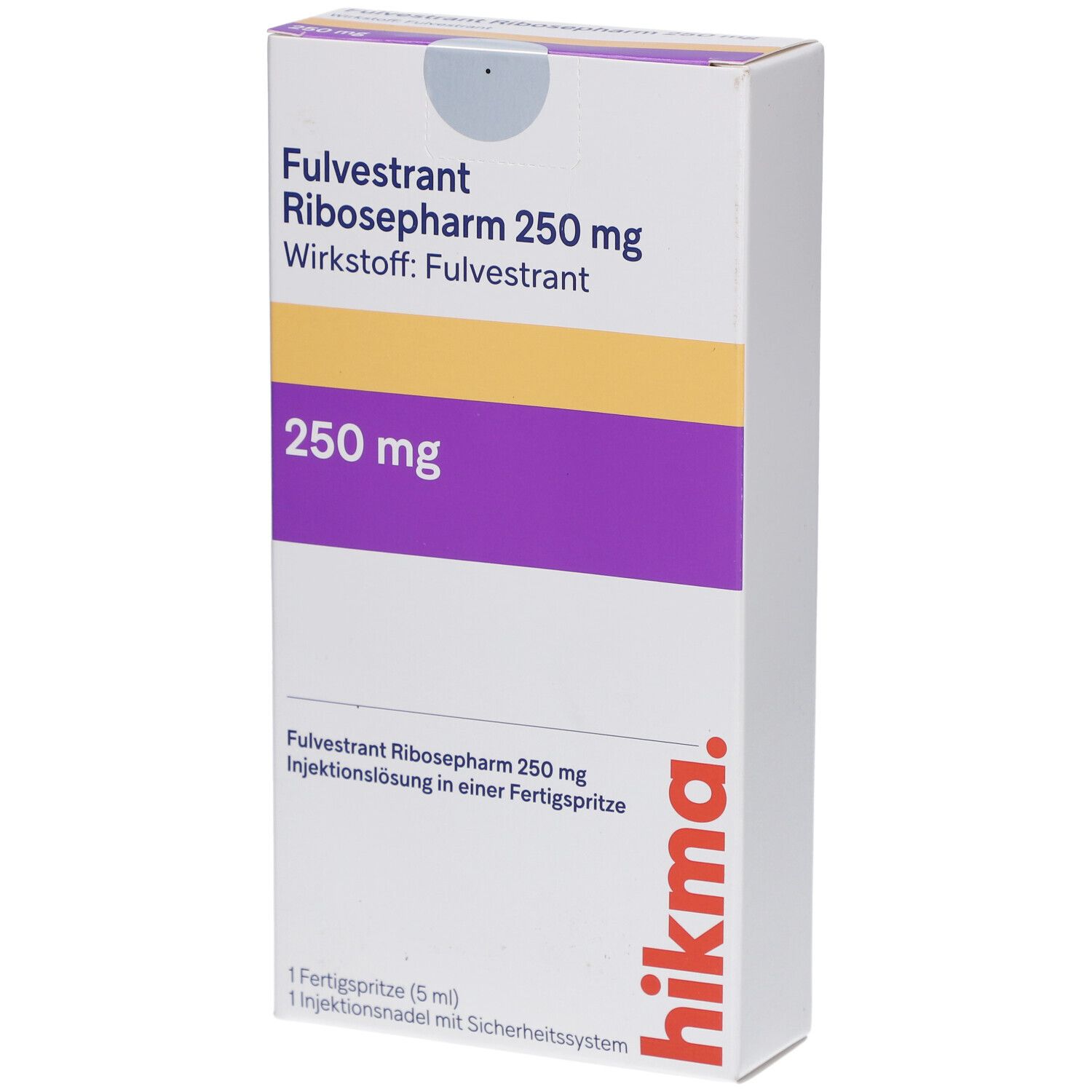 Schachtel mit Fulvestrant Ribosepharm 250 mg. Gelbe und violette Streifen. Hikma-Logo.