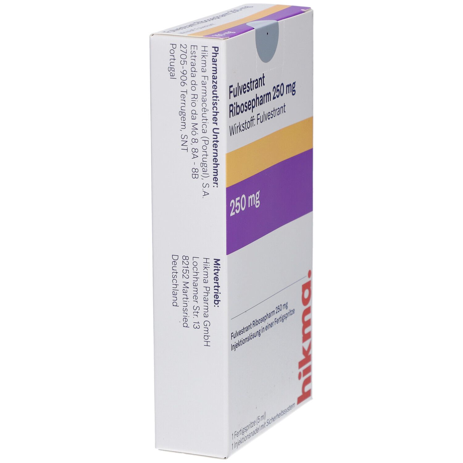 Schachtel Fulvestrant Ribosepharm 250 mg. Seitenansicht. Text und Logo Hikma.