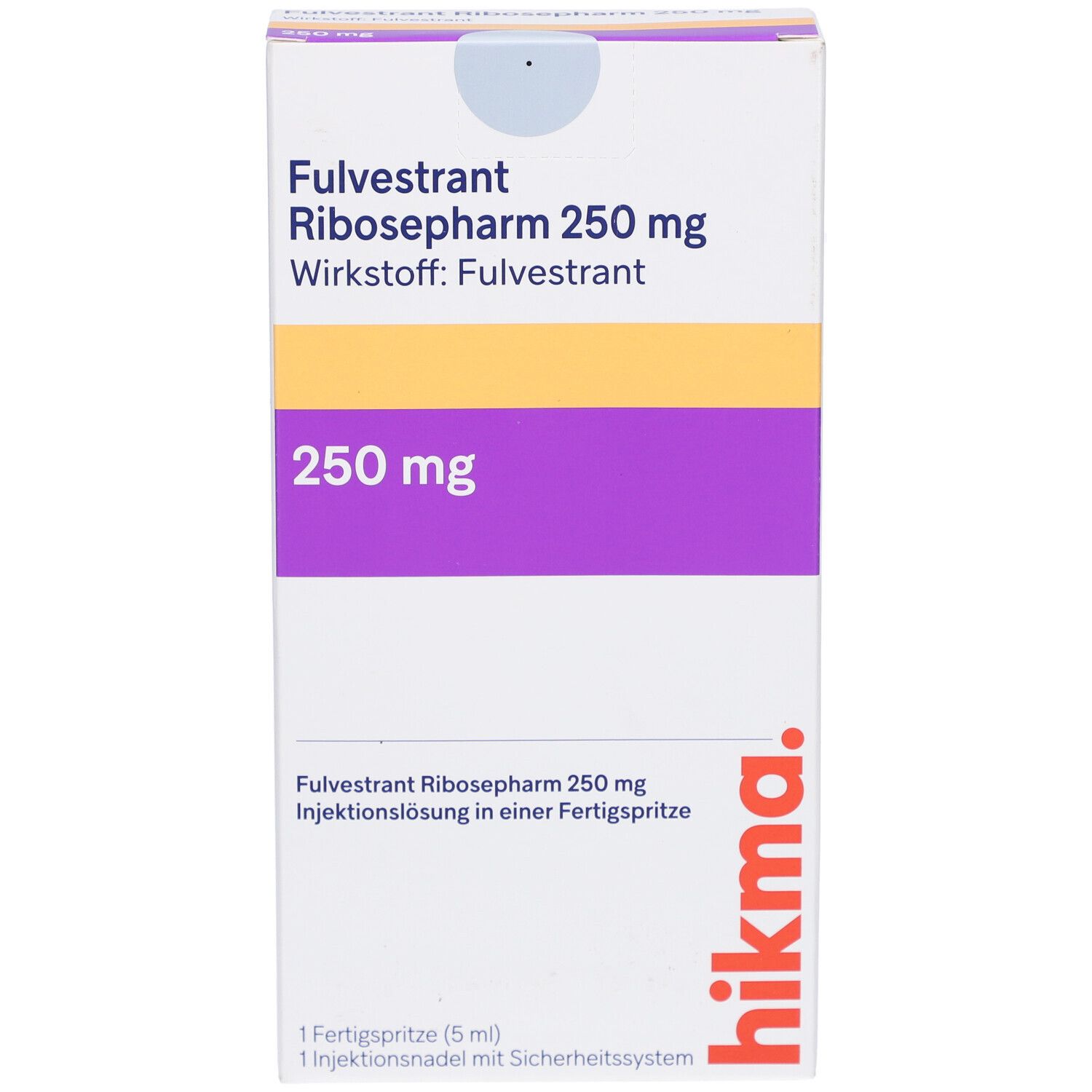 Schachtel mit Fulvestrant Ribosepharm 250 mg. Gelbe und violette Streifen. Hikma-Logo.
