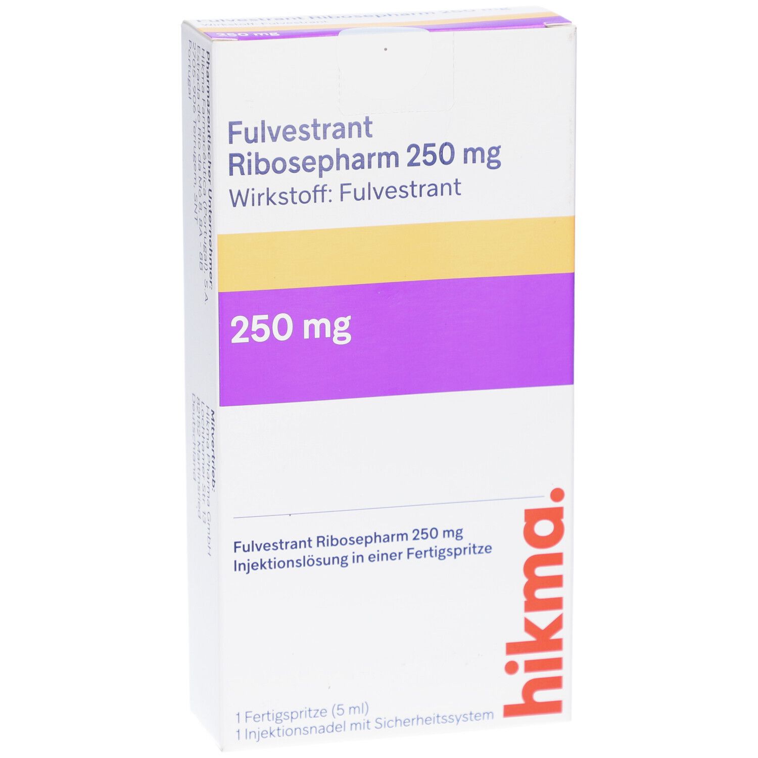 Schachtel mit Fulvestrant Ribosepharm 250 mg. Gelbe und violette Streifen. Hikma-Logo.