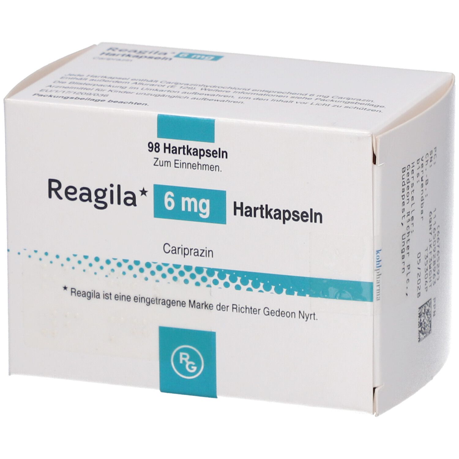 Weiße Schachtel mit Aufschrift Reagila 6 mg Hartkapseln. Enthält 98 Hartkapseln. Cariprazin. Marke der Richter Gedeon Nyrt.