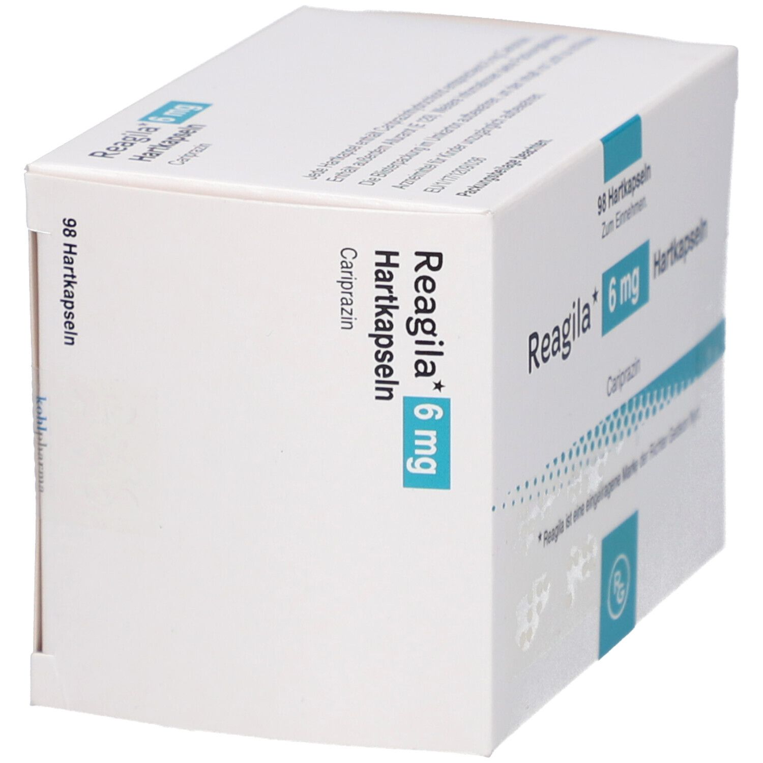 Kartonverpackung "Reagila 6 mg Hartkapseln". Enthält 98 Hartkapseln. Cariprazin. Marke von Richter Gedeon Nyrt.