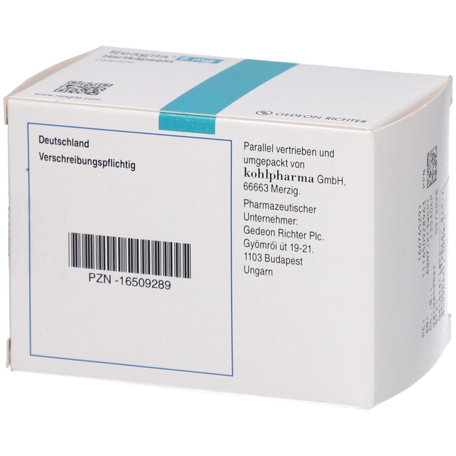 Rückseite der "Reagila 6 mg" Verpackung. Enthält Informationen zu Hersteller und Vertrieb. PZN-16509289.