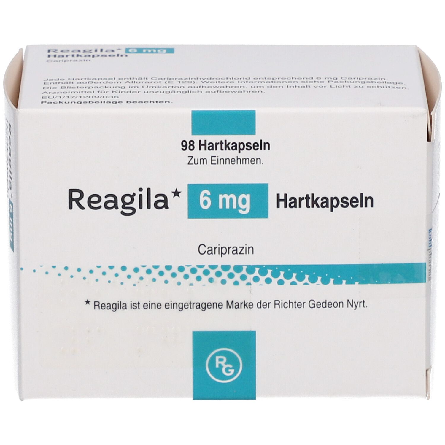 Weiße Schachtel mit Aufschrift Reagila 6 mg Hartkapseln. Enthält 98 Hartkapseln. Cariprazin. Marke der Richter Gedeon Nyrt.