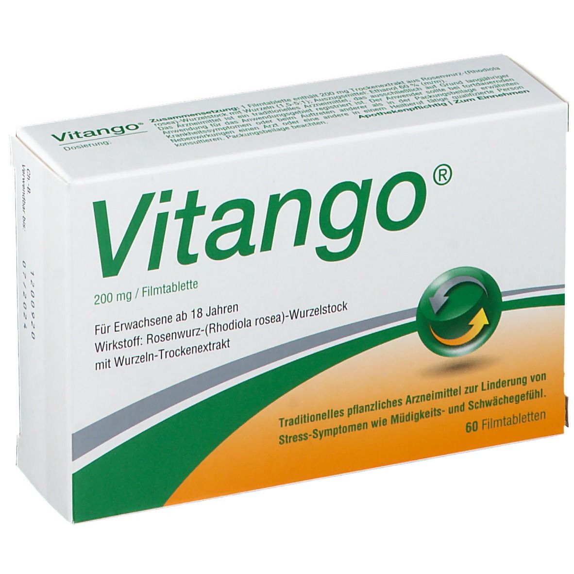 Vitango®-Verpackung. Weiße Schachtel mit grünem Logo und Text. Enthält 60 Filmtabletten. Aufdruck: 200 mg/Filmtablette.