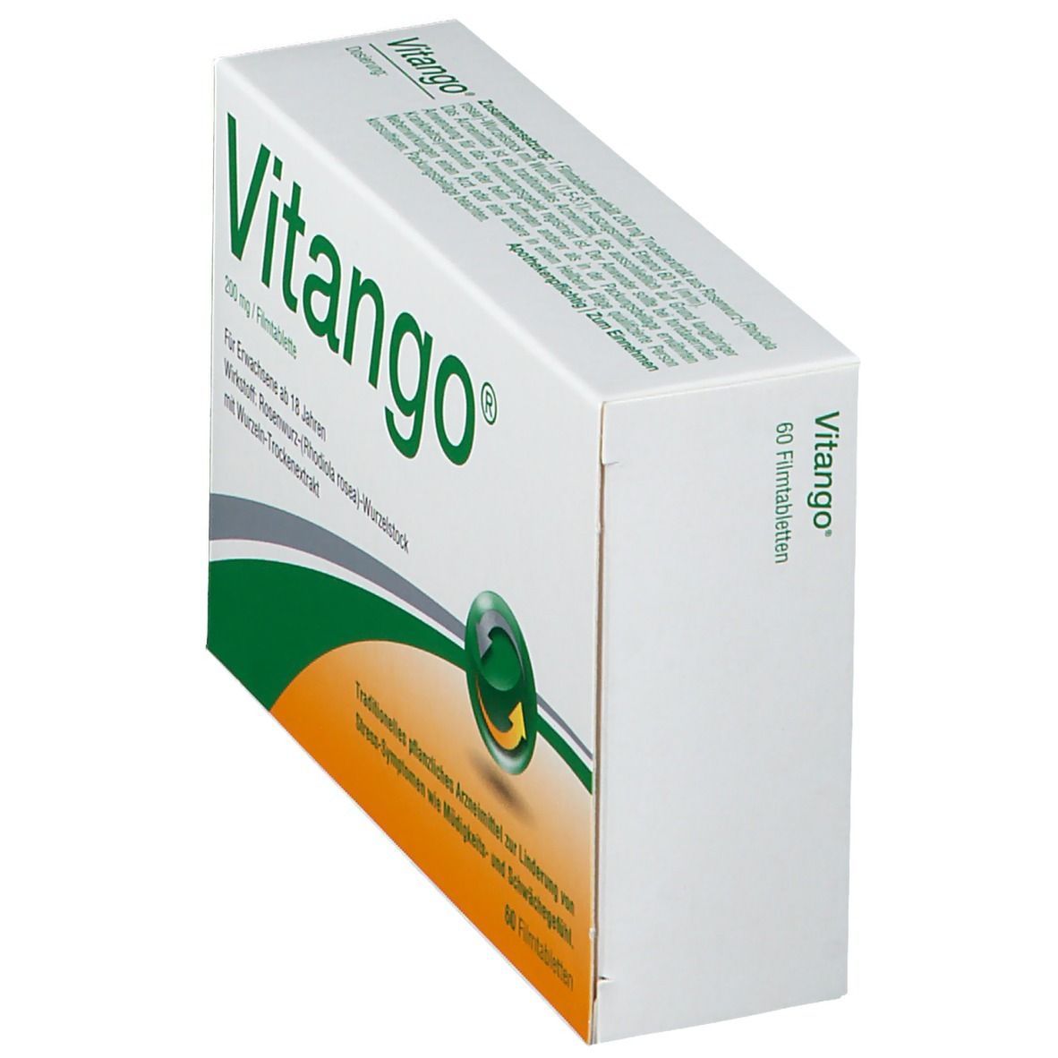 Vitango®-Verpackung. Weiße Schachtel mit grünem Logo und Text. Enthält 60 Filmtabletten. Aufdruck: 200 mg/Filmtablette.