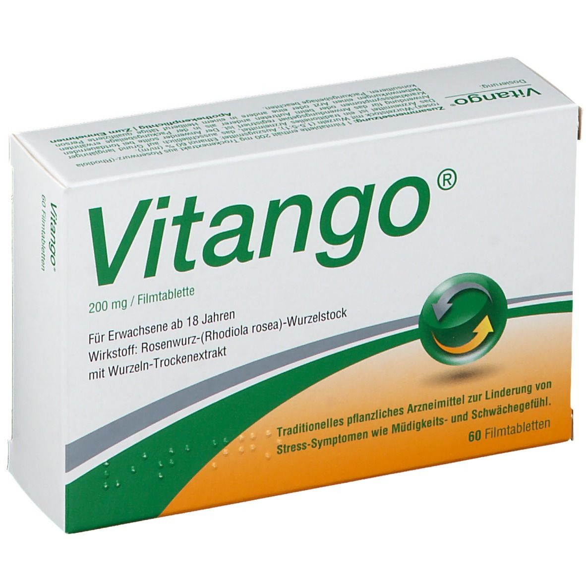 Vitango®-Verpackung. Weiße Schachtel mit grünem Logo und Text. Enthält 60 Filmtabletten. Aufdruck: 200 mg/Filmtablette.