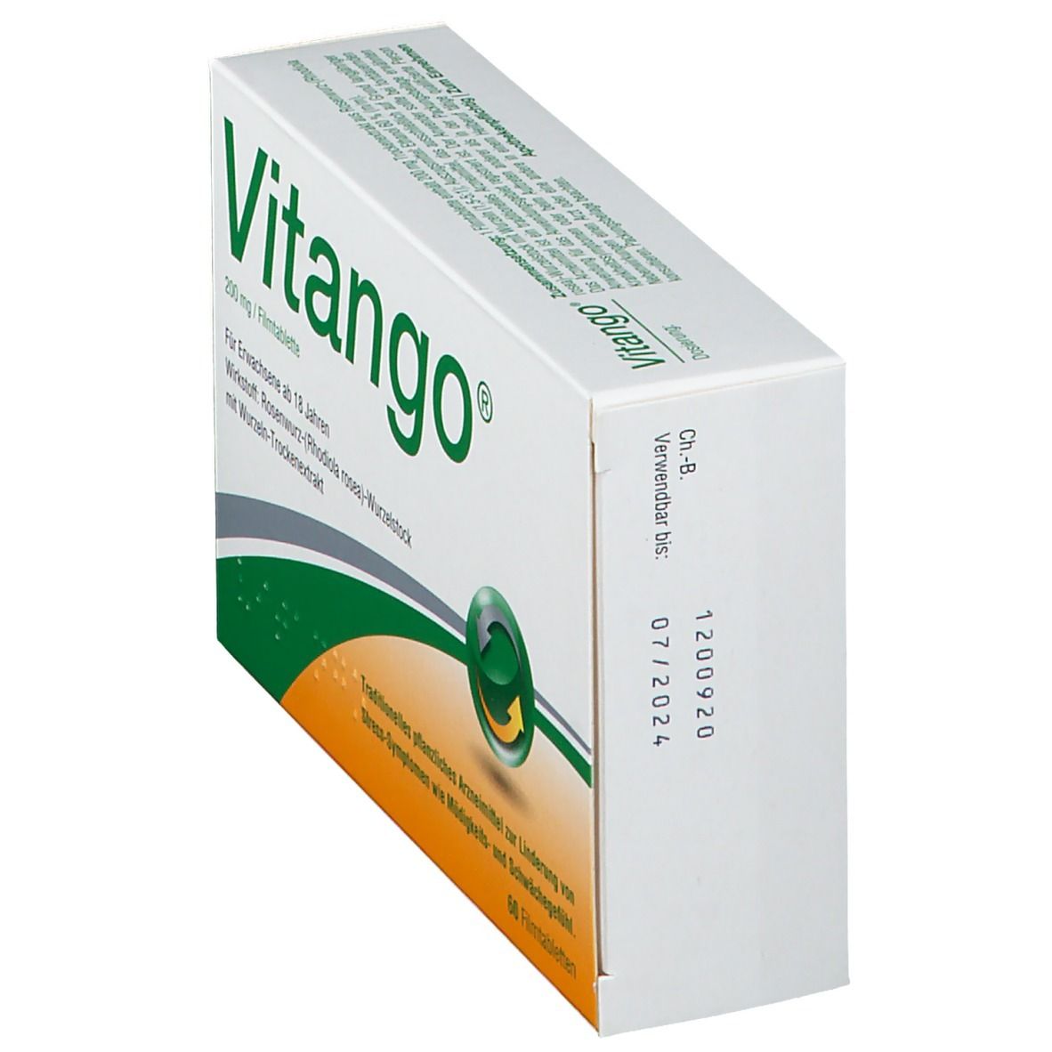 Vitango®-Verpackung. Weiße Schachtel mit grünem Logo und Text. Enthält 60 Filmtabletten. Aufdruck: 200 mg/Filmtablette.