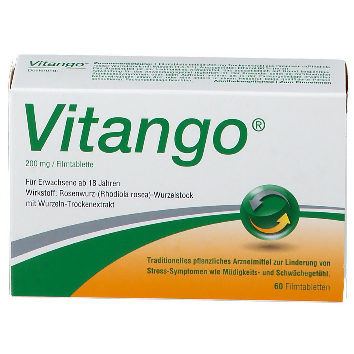 Vitango®-Verpackung. Weiße Schachtel mit grünem Logo und Text. Enthält 60 Filmtabletten. Aufdruck: 200 mg/Filmtablette.