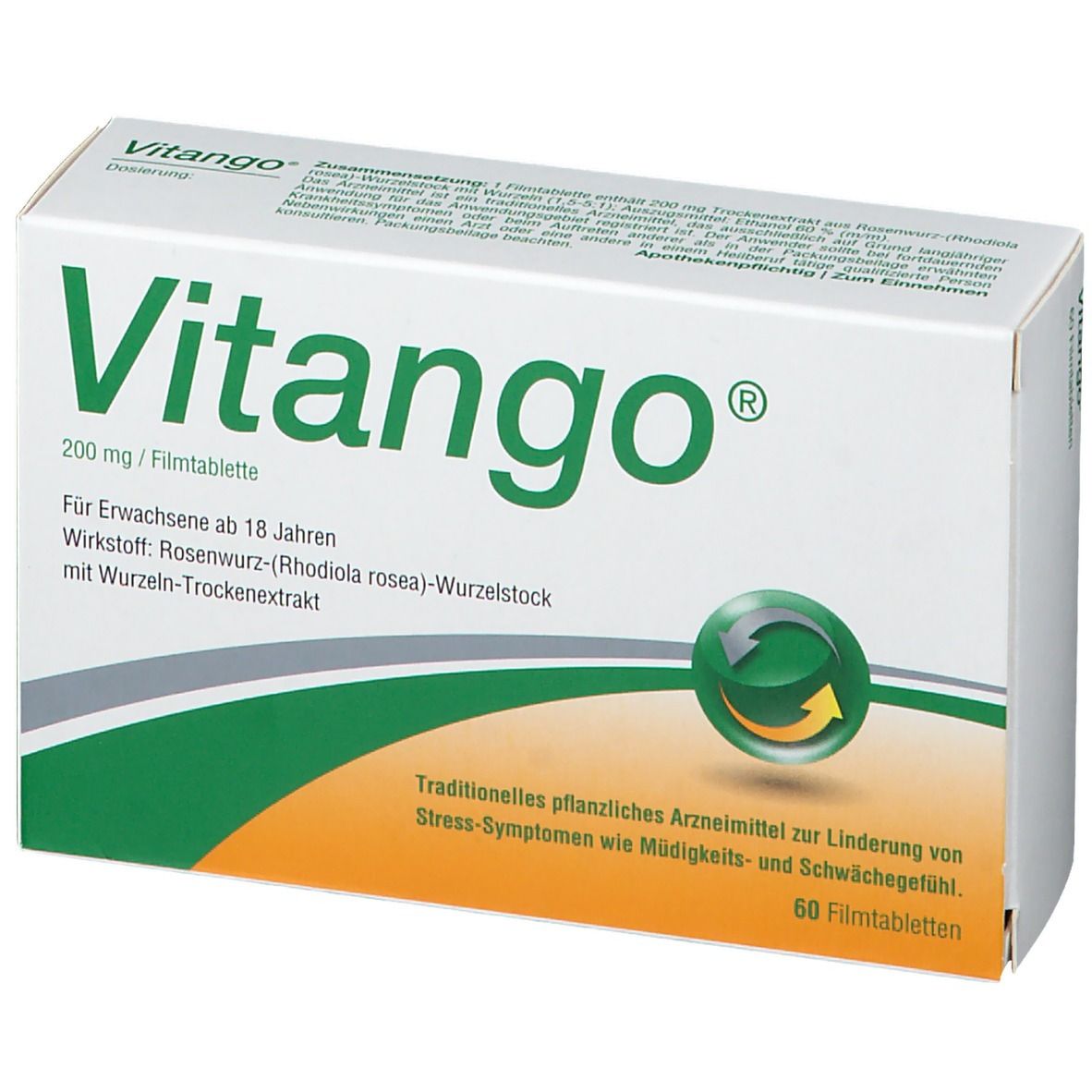 Vitango®-Verpackung. Weiße Schachtel mit grünem Logo und Text. Enthält 60 Filmtabletten. Aufdruck: 200 mg/Filmtablette.