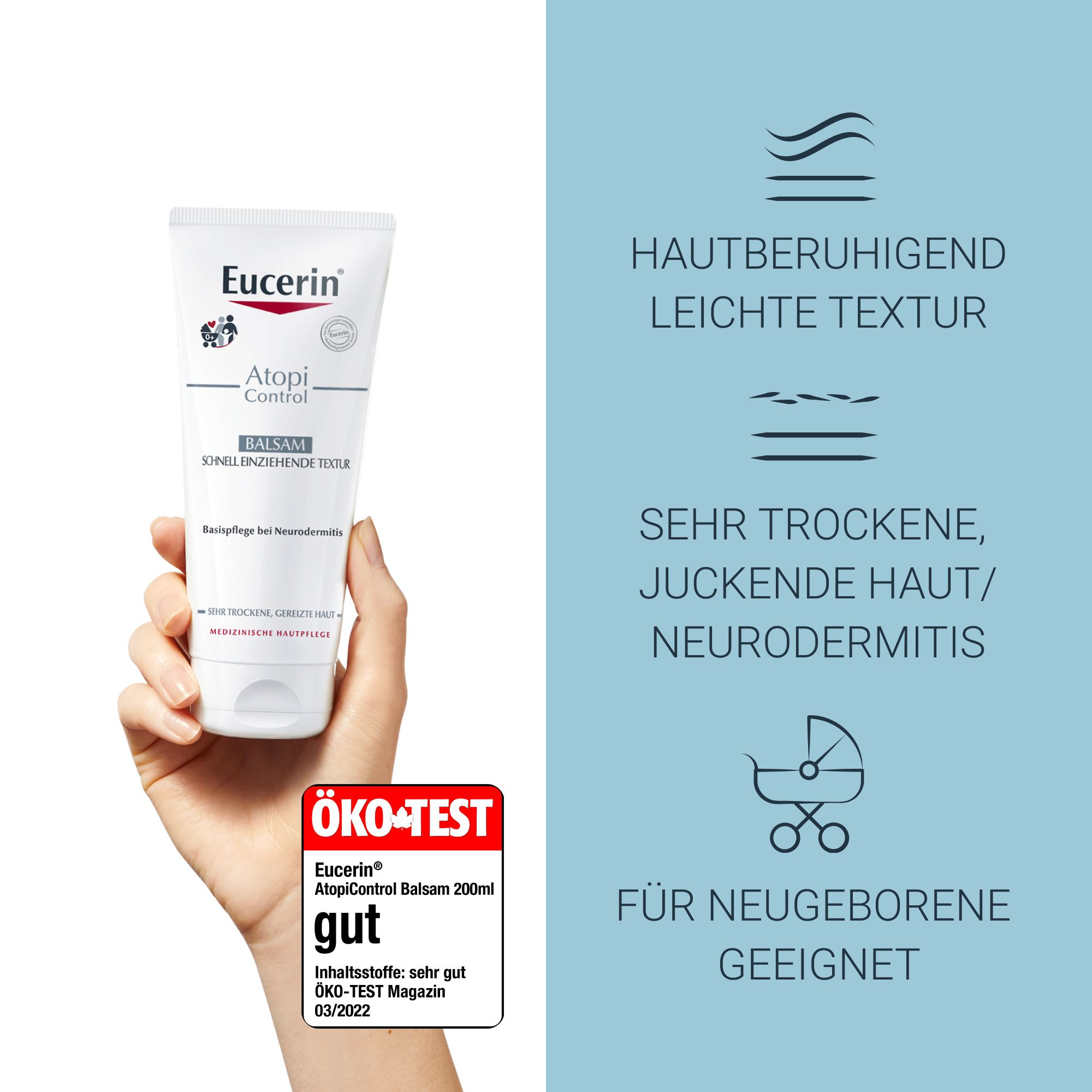 Eucerin® AtopiControl beruhigender Balsam – Schnell einziehende Textur – Basispflege für Neurodermitis und sehr trockene Haut