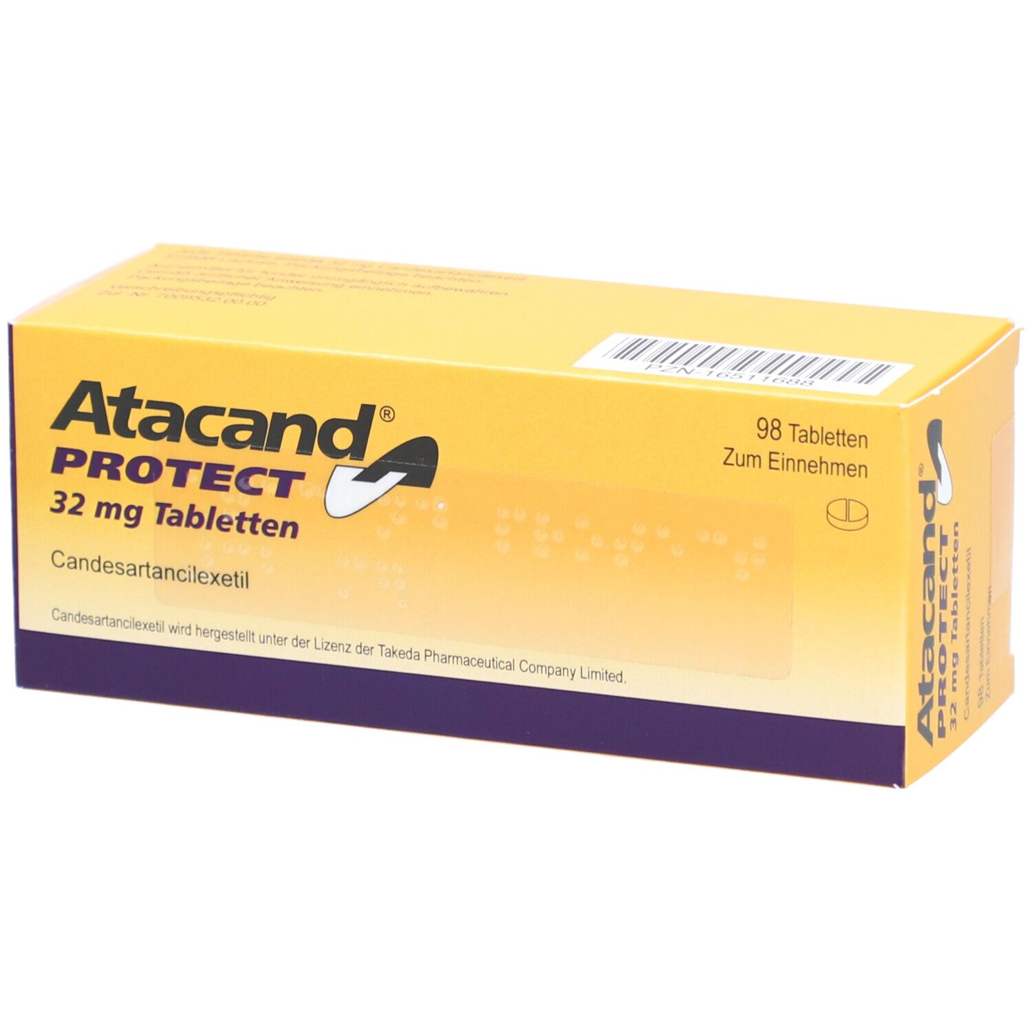 Gelb-violette Schachtel mit "Atacand PROTECT 32 mg Tabletten"-Aufdruck. Enthält 98 Tabletten.