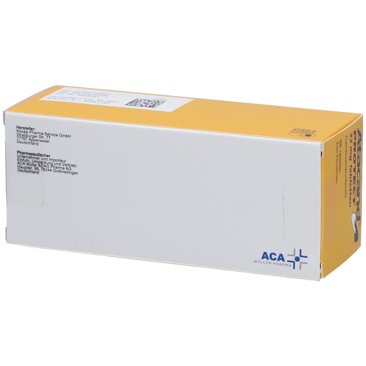 Rückseite einer gelb-weißen Schachtel. Aufdruck: ACA Müller Pharma Service, Anschrift, QR-Code.